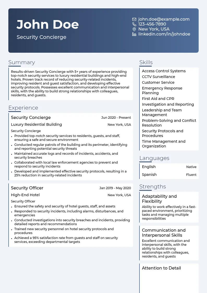 Security Concierge resume example