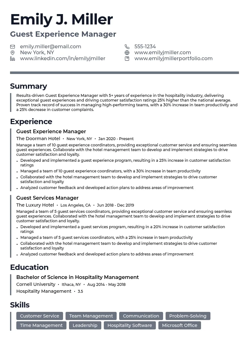 Guest Experience Manager resume example