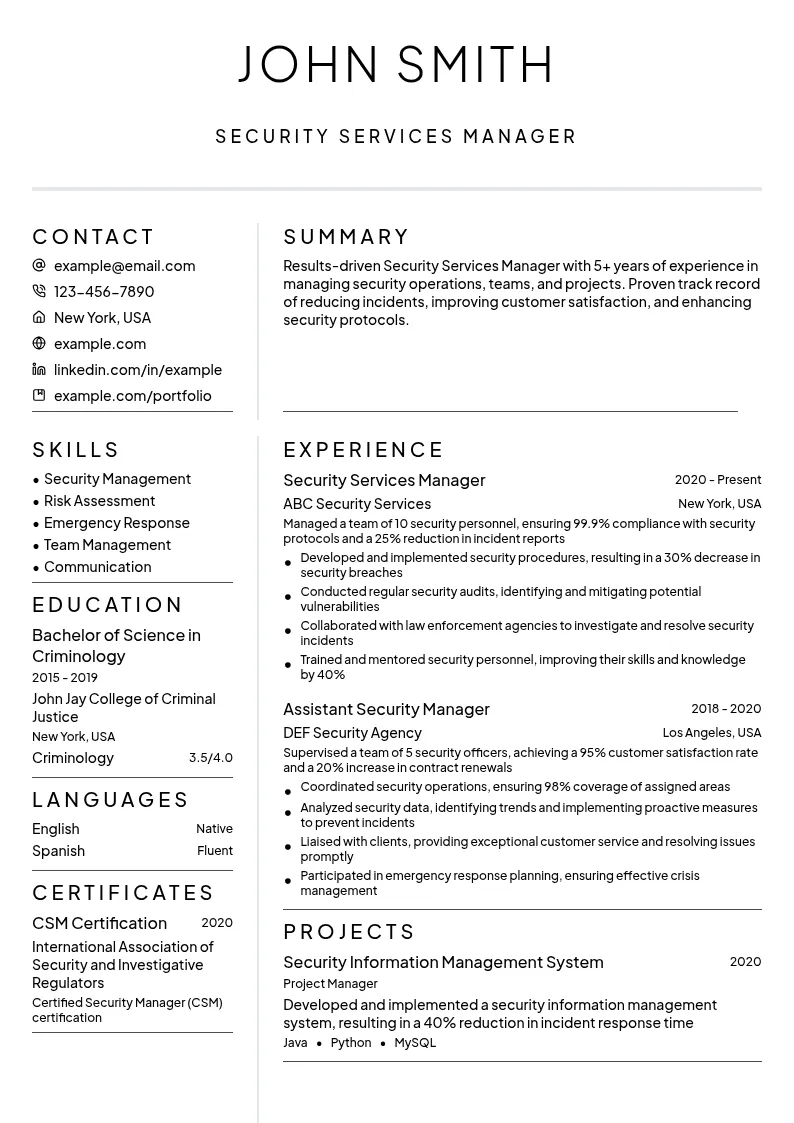 Security Services Manager resume example