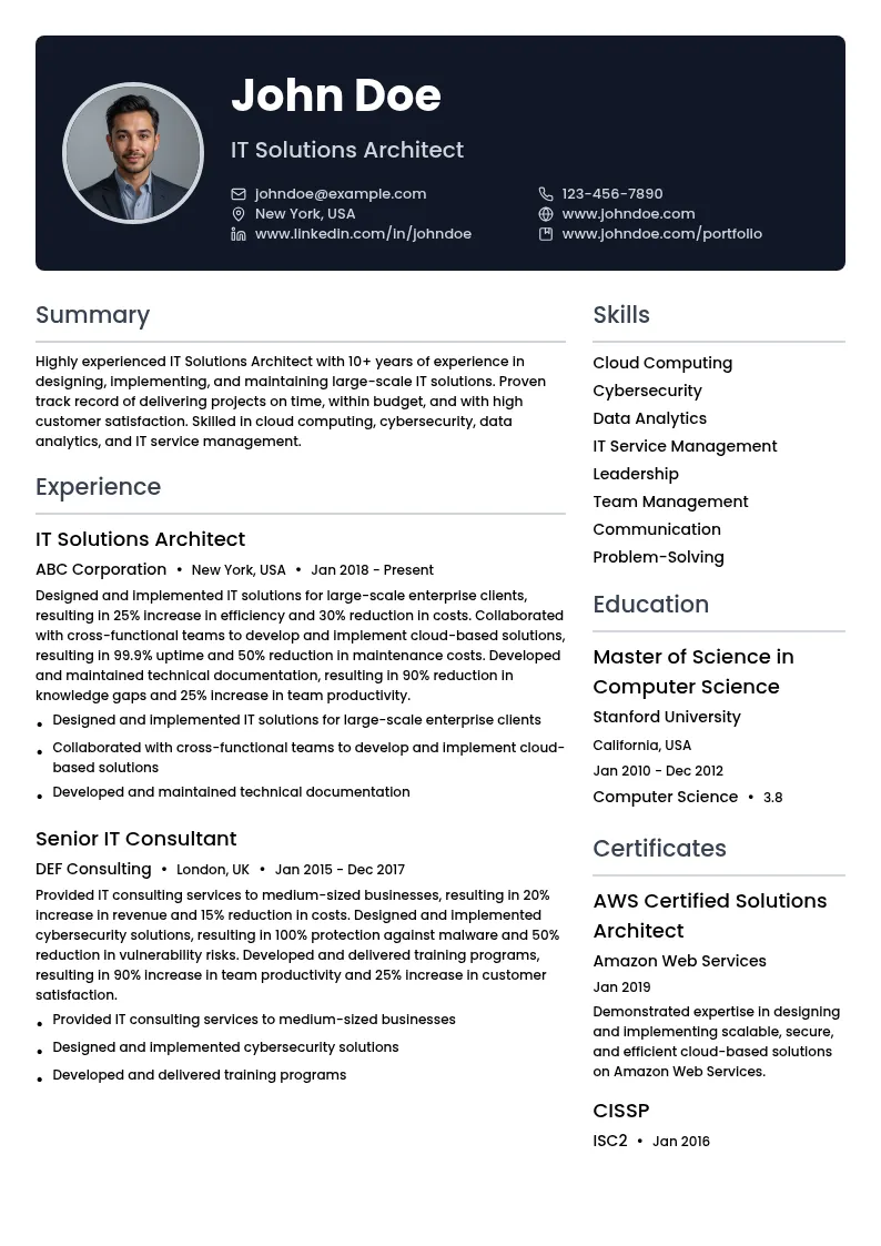 IT Solutions Architect resume example