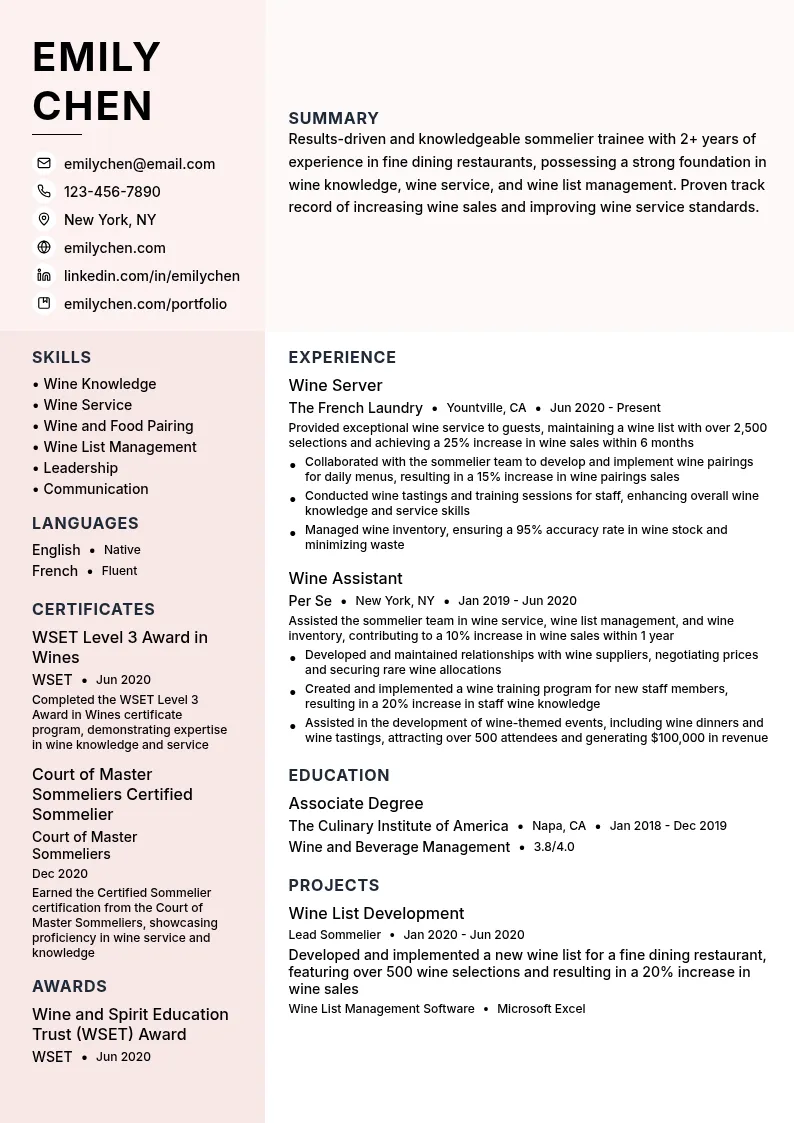 Sommelier Trainee resume example