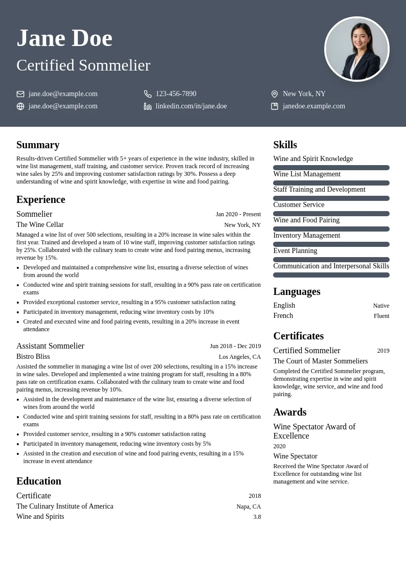 Certified Sommelier resume example