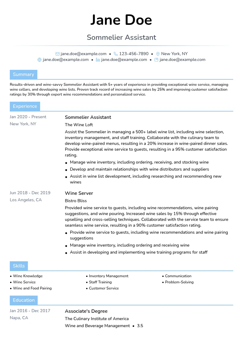 Sommelier Assistant resume example