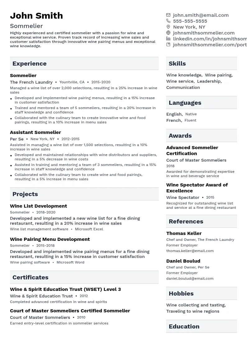 Sommelier resume example
