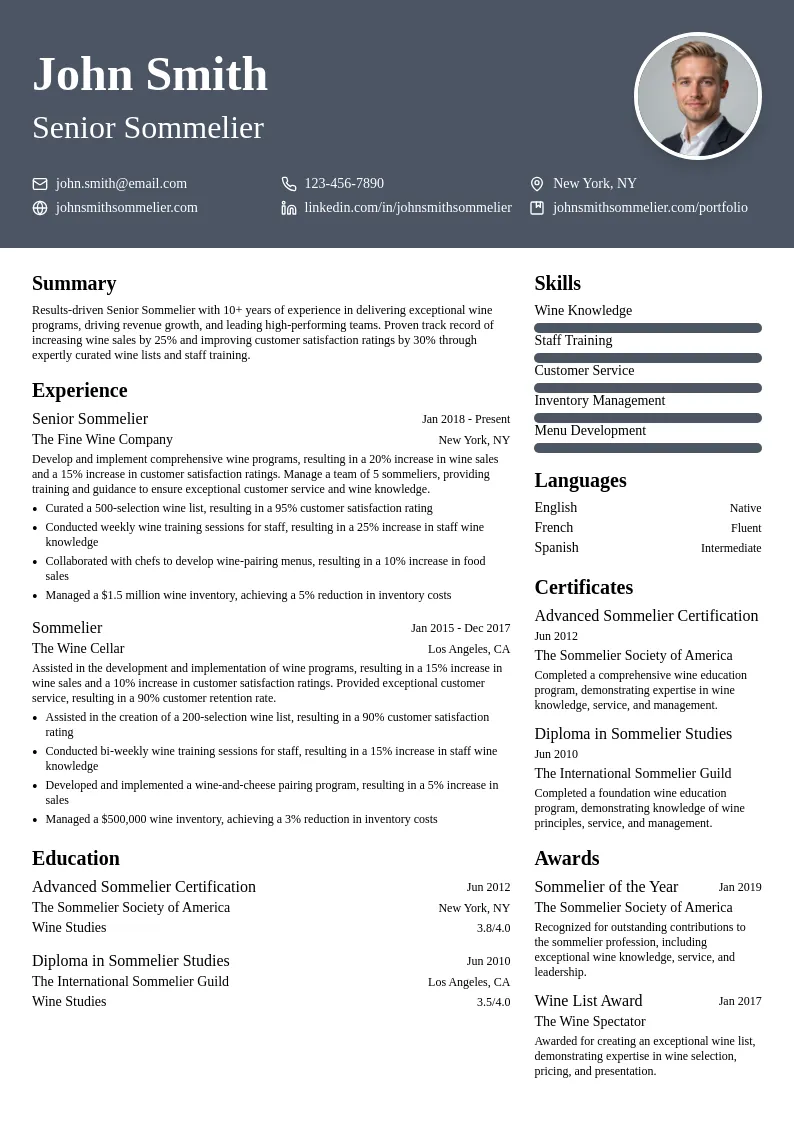 Senior Sommelier resume example
