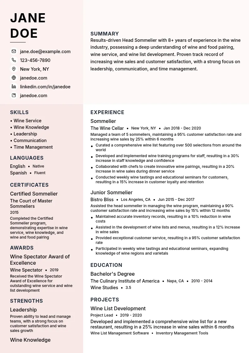 Head Sommelier resume example