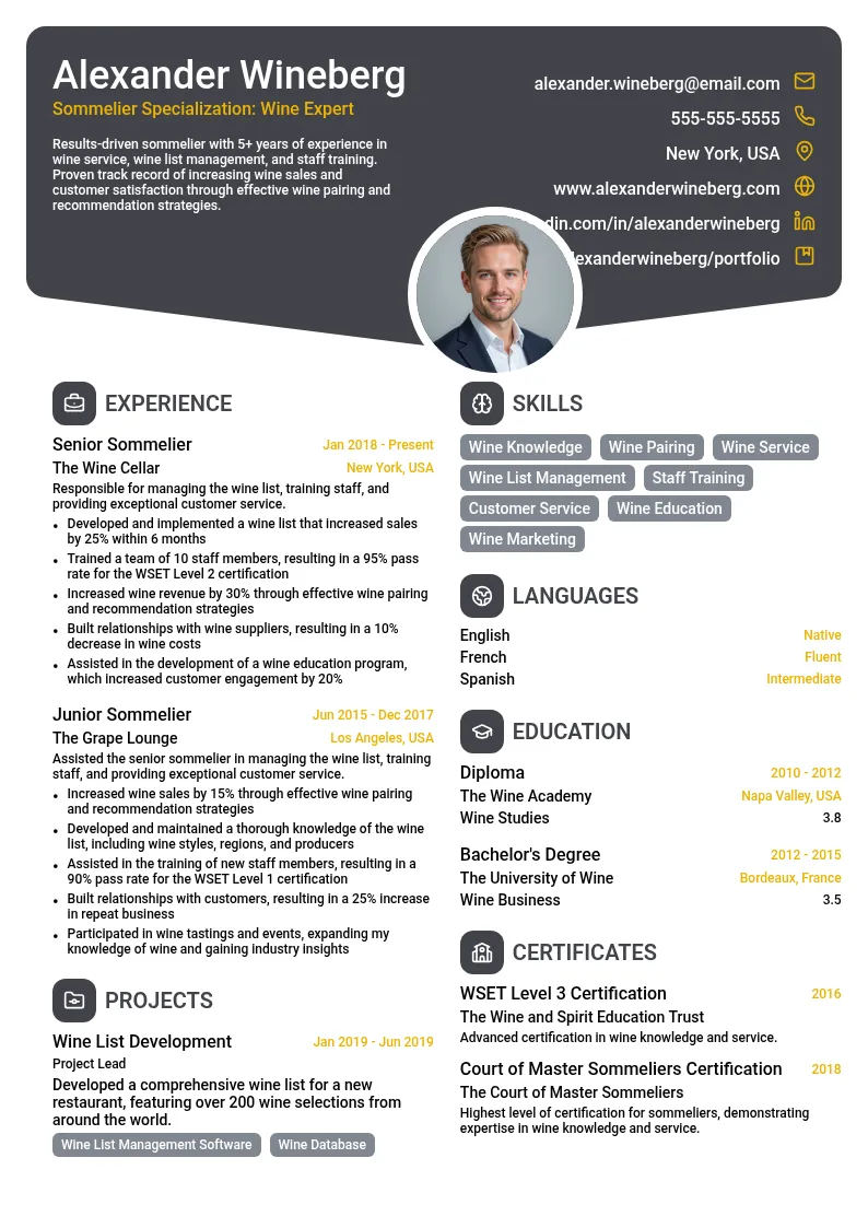Sommelier Specialization: Wine Expert resume example