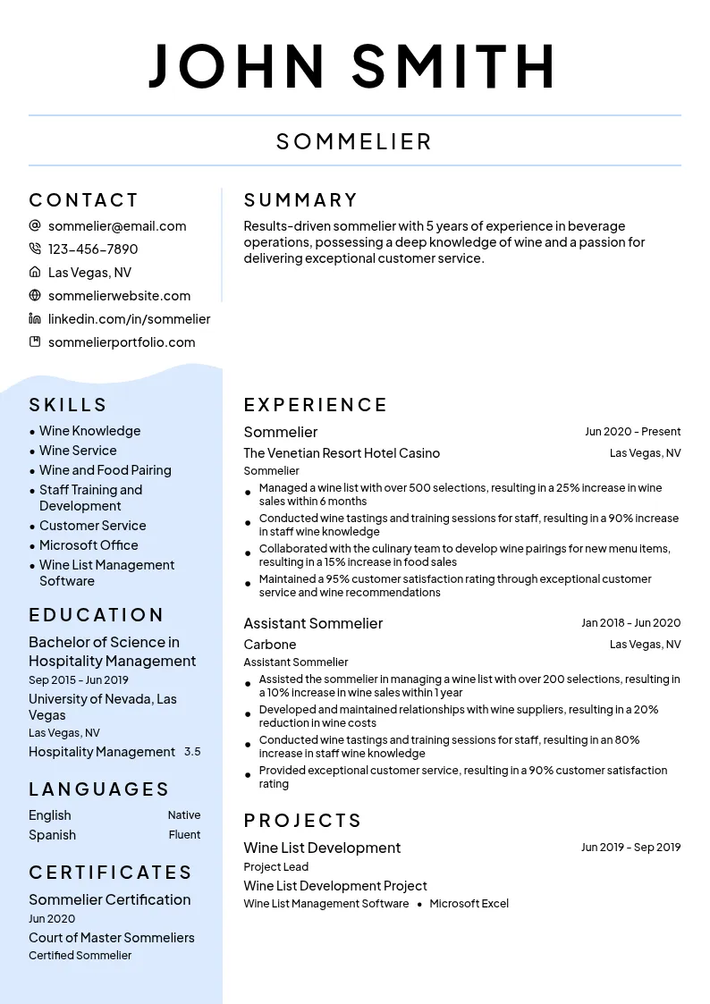 Sommelier Specialization: Beverage Operations resume example