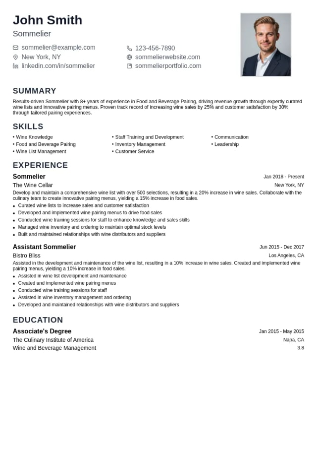 Sommelier Specialization: Food and Beverage Pairing resume example