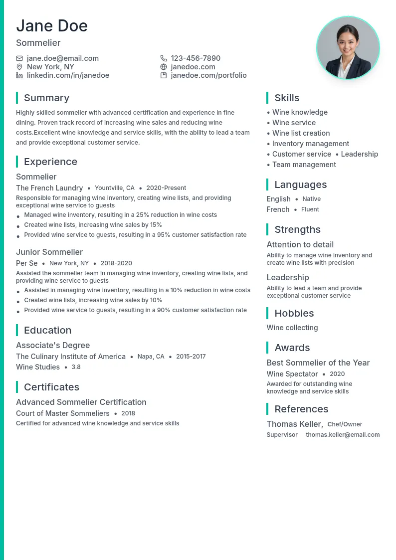 Sommelier Specialization: Fine Dining resume example