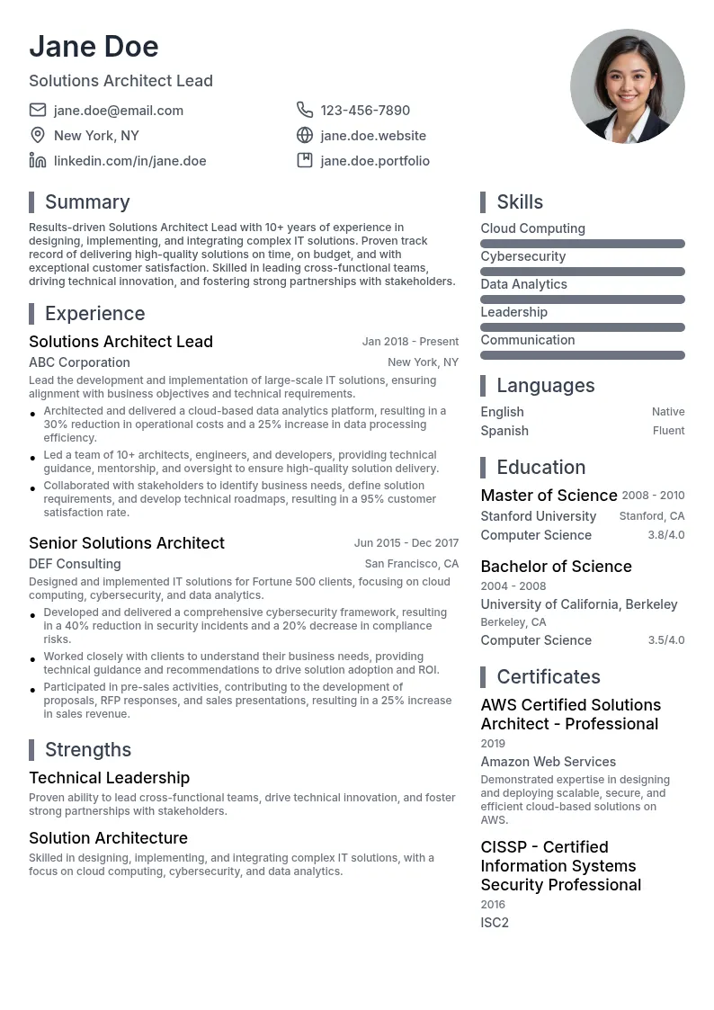 Solutions Architect Lead resume example