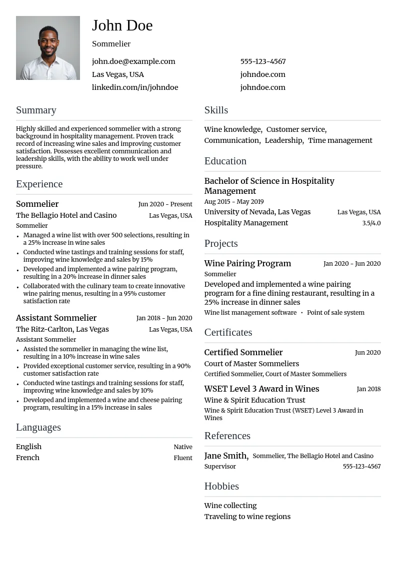 Sommelier Specialization: Hospitality Management resume example