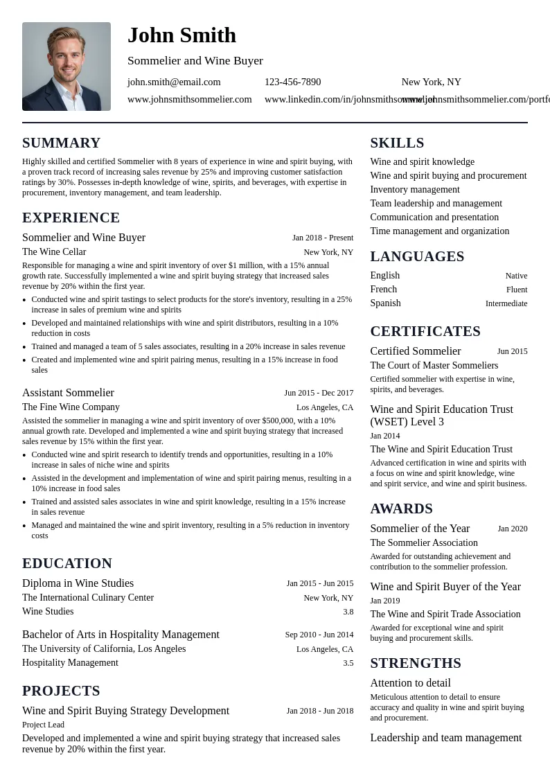 Sommelier Specialization: Wine and Spirit Buying resume example