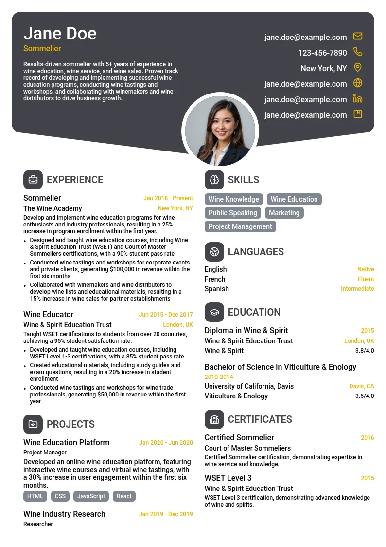 Sommelier Specialization: Wine Education resume example