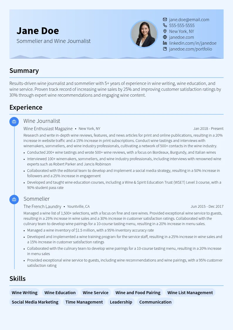 Sommelier Specialization: Wine Journalism resume example