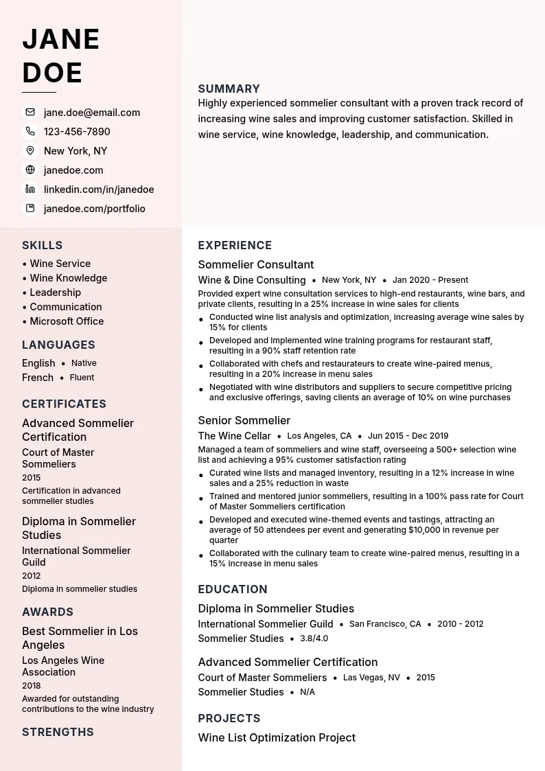 Sommelier Specialization: Sommelier Consultant resume example