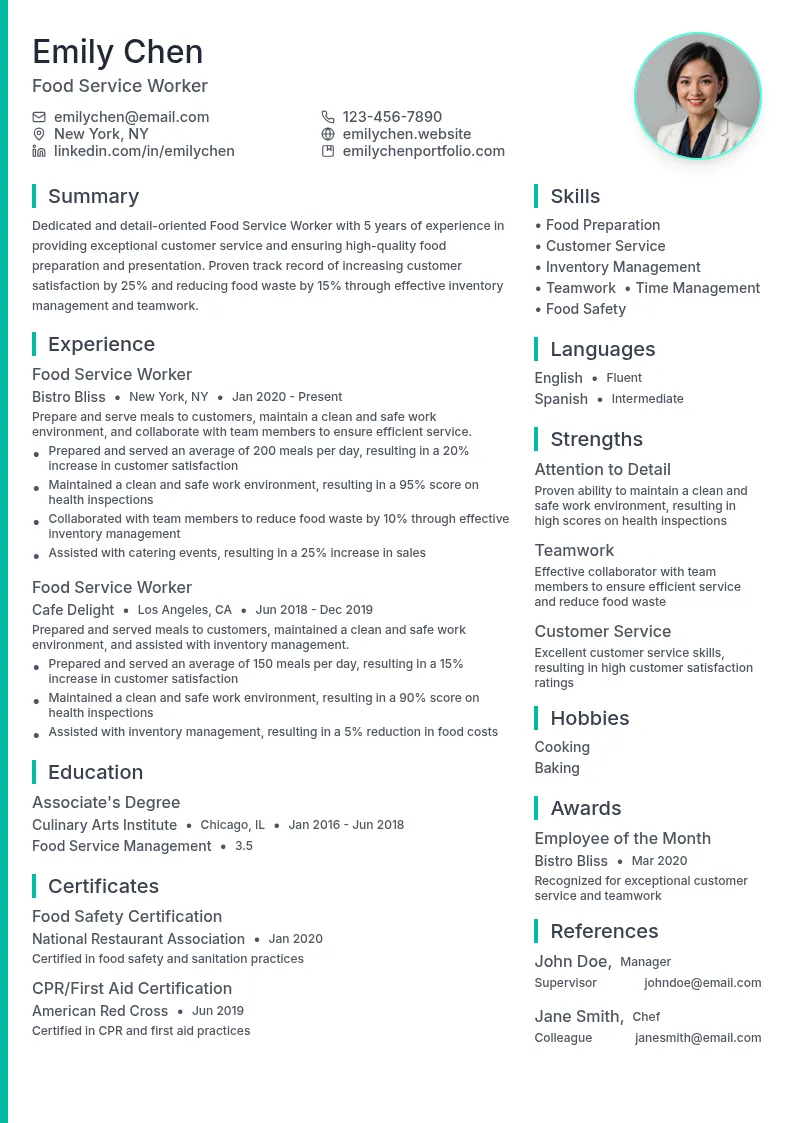 Food Service Worker resume example