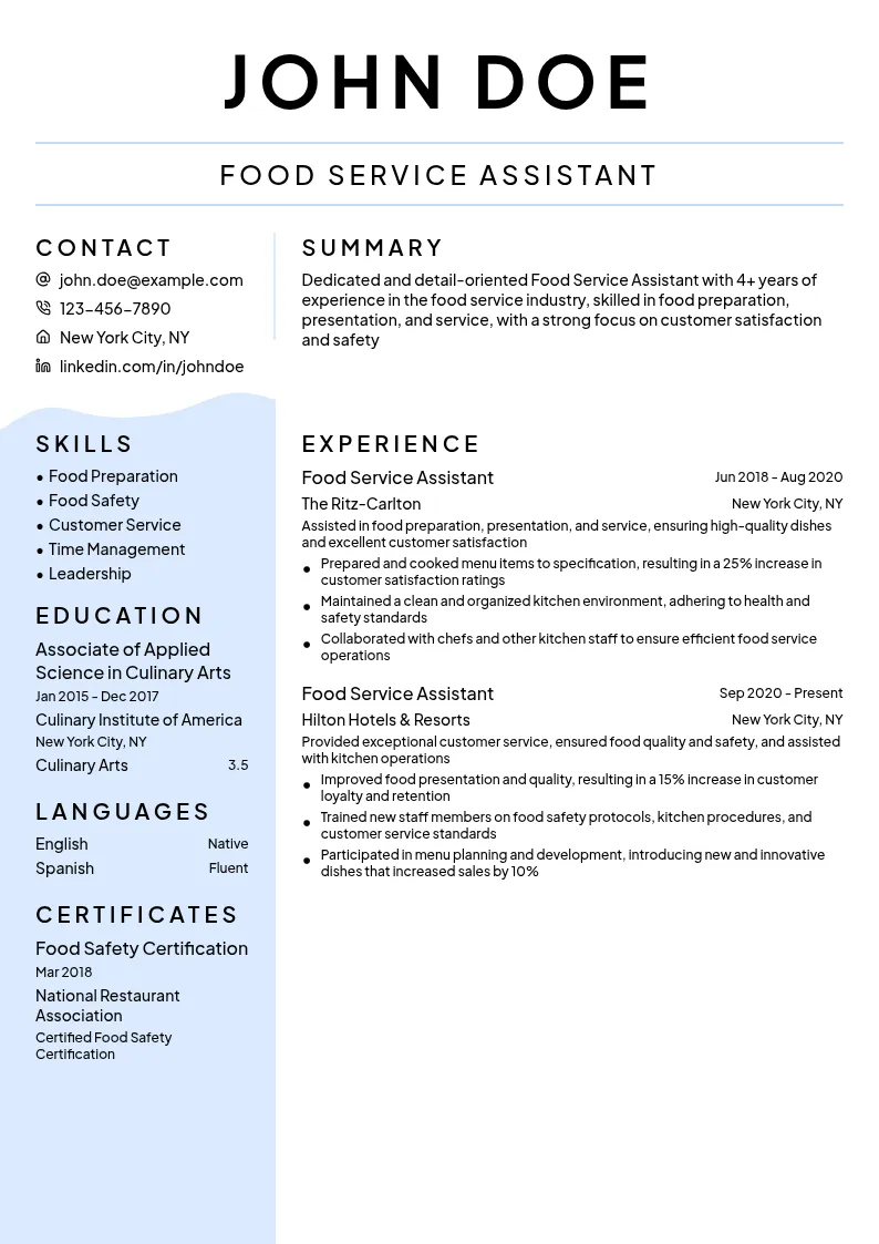Food Service Assistant resume example