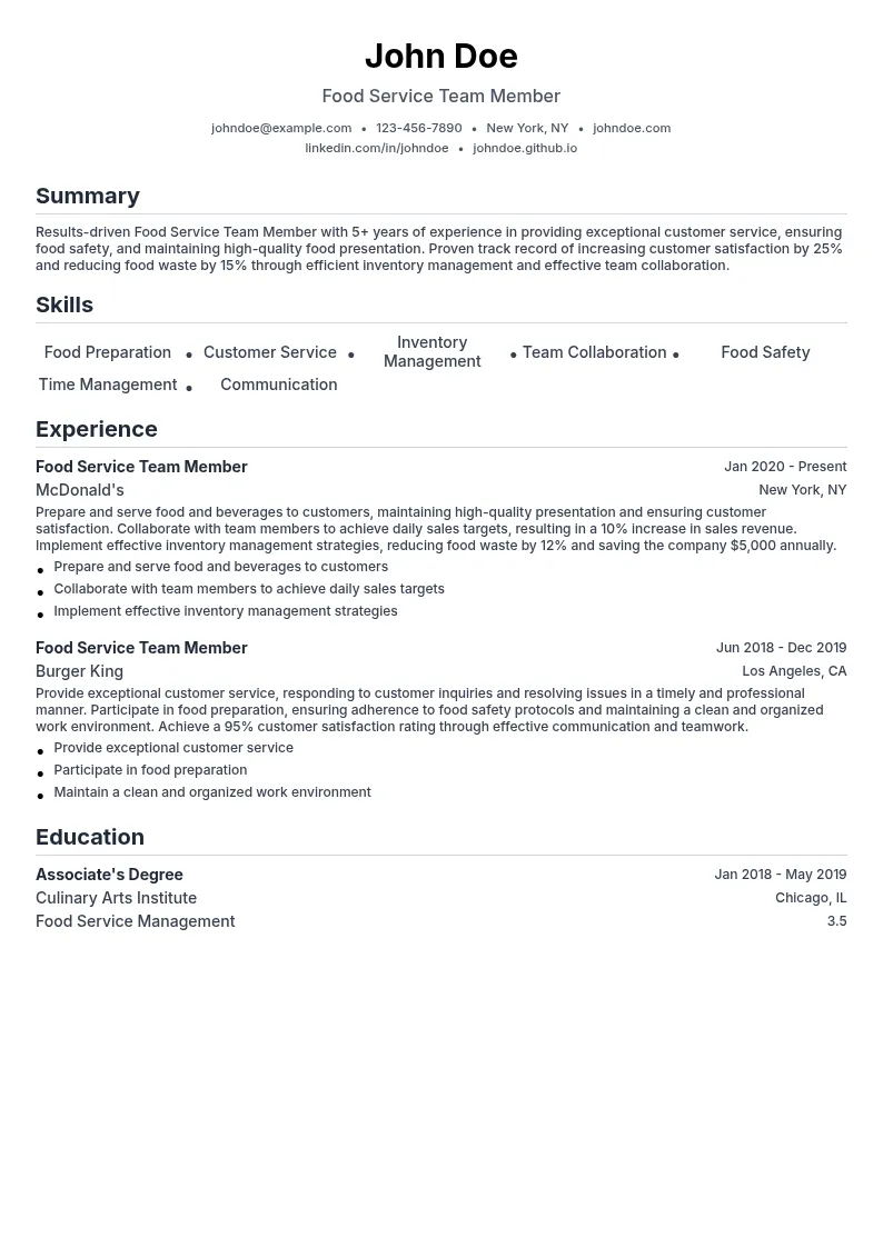 Food Service Team Member resume example