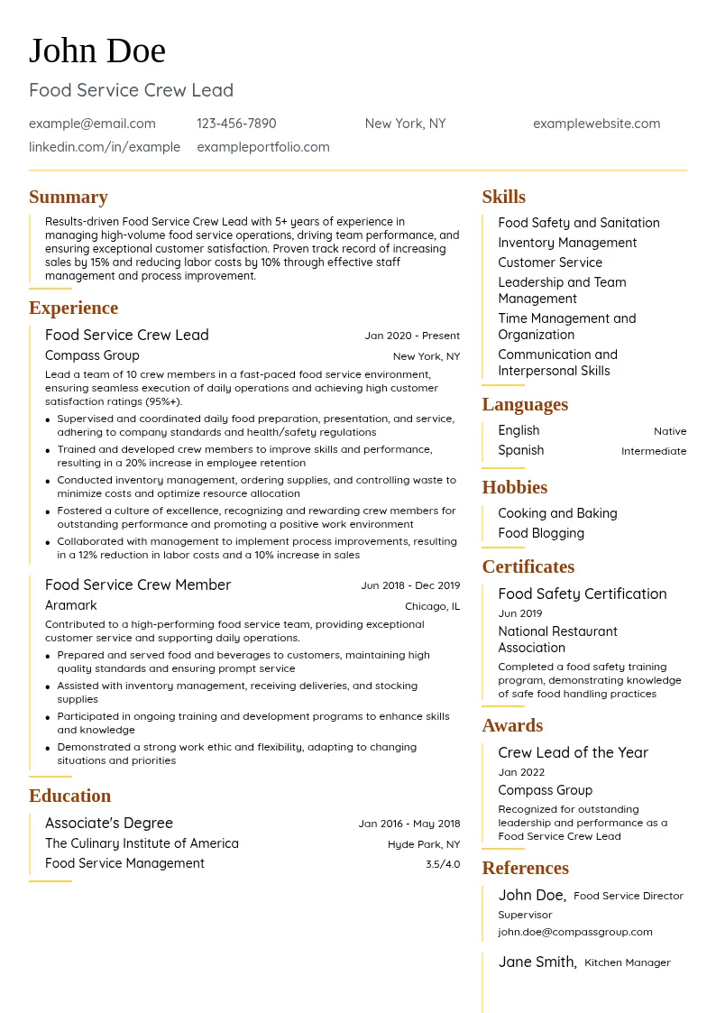 Food Service Crew Lead resume example