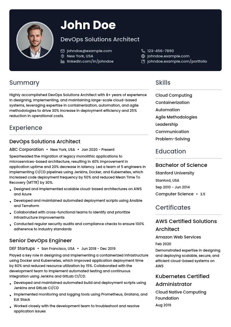 DevOps Solutions Architect resume example
