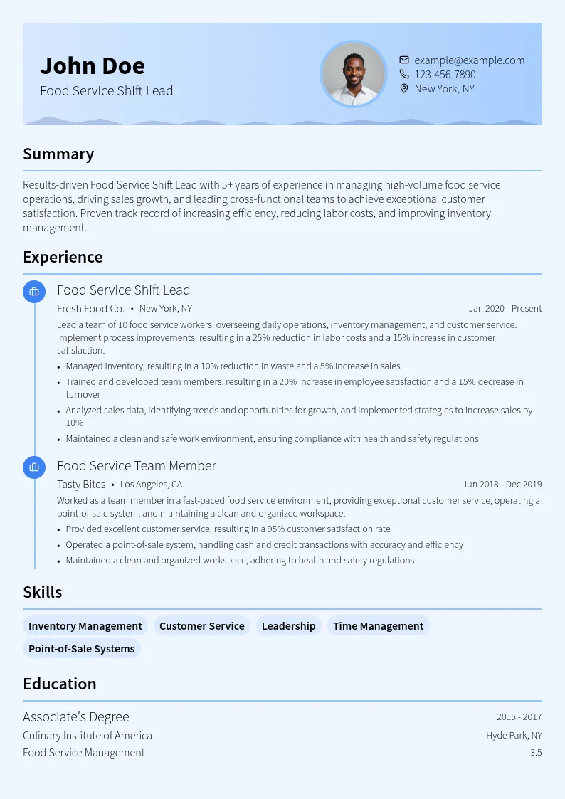 Food Service Shift Lead resume example