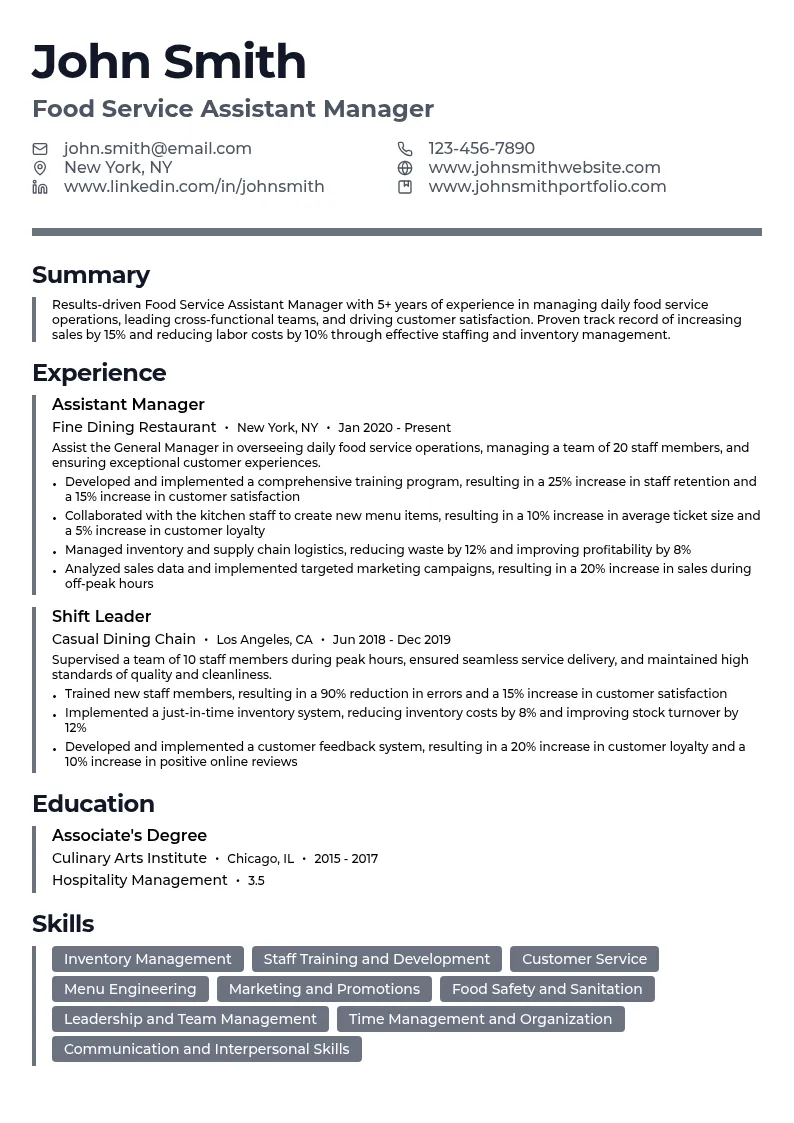 Food Service Assistant Manager resume example