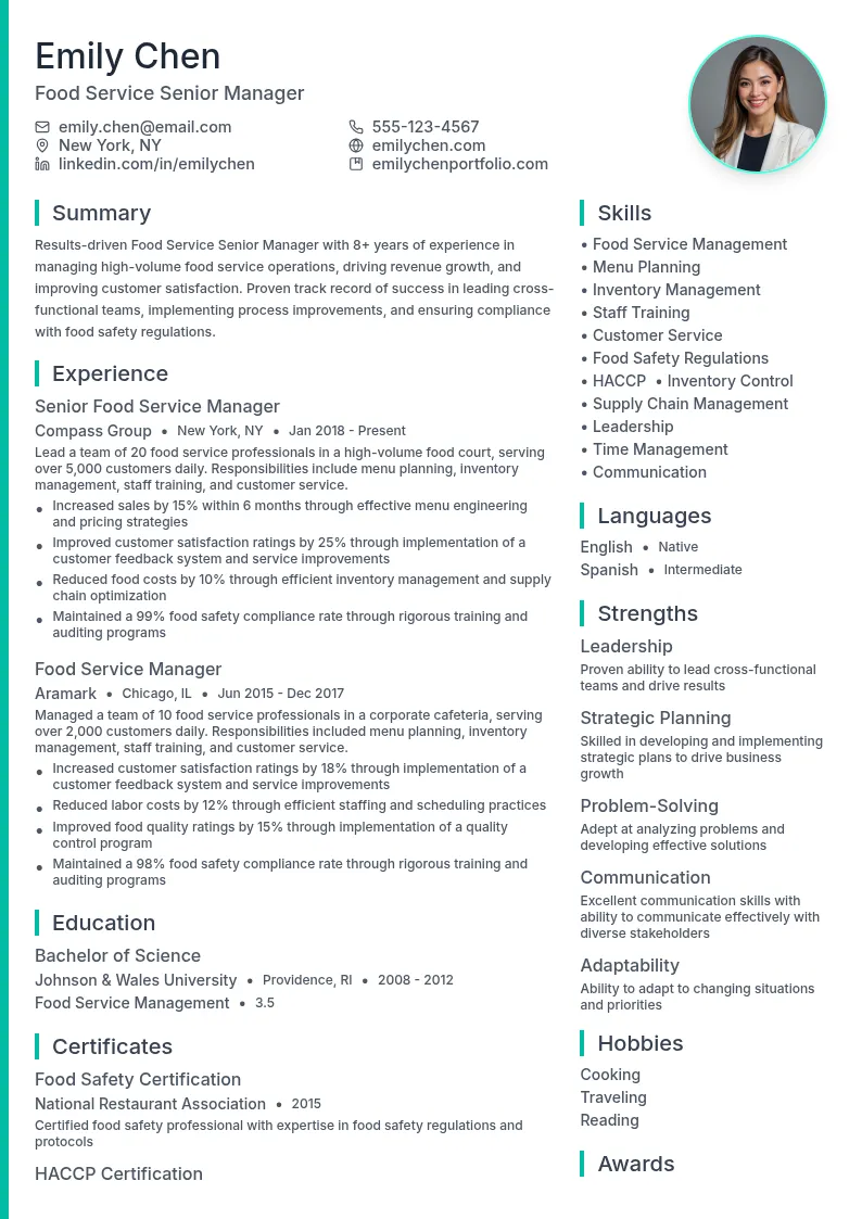 Food Service Senior Manager resume example