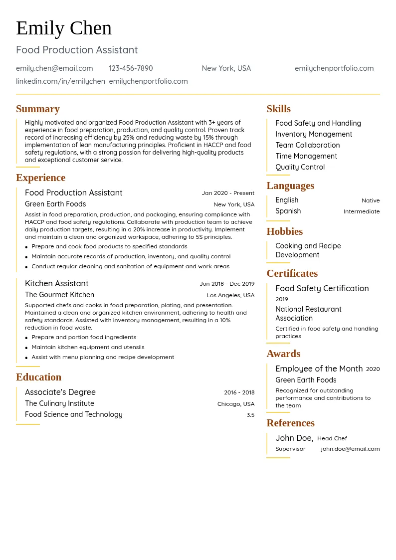 Food Production Assistant resume example