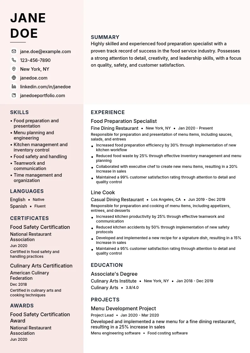 Food Preparation Specialist resume example