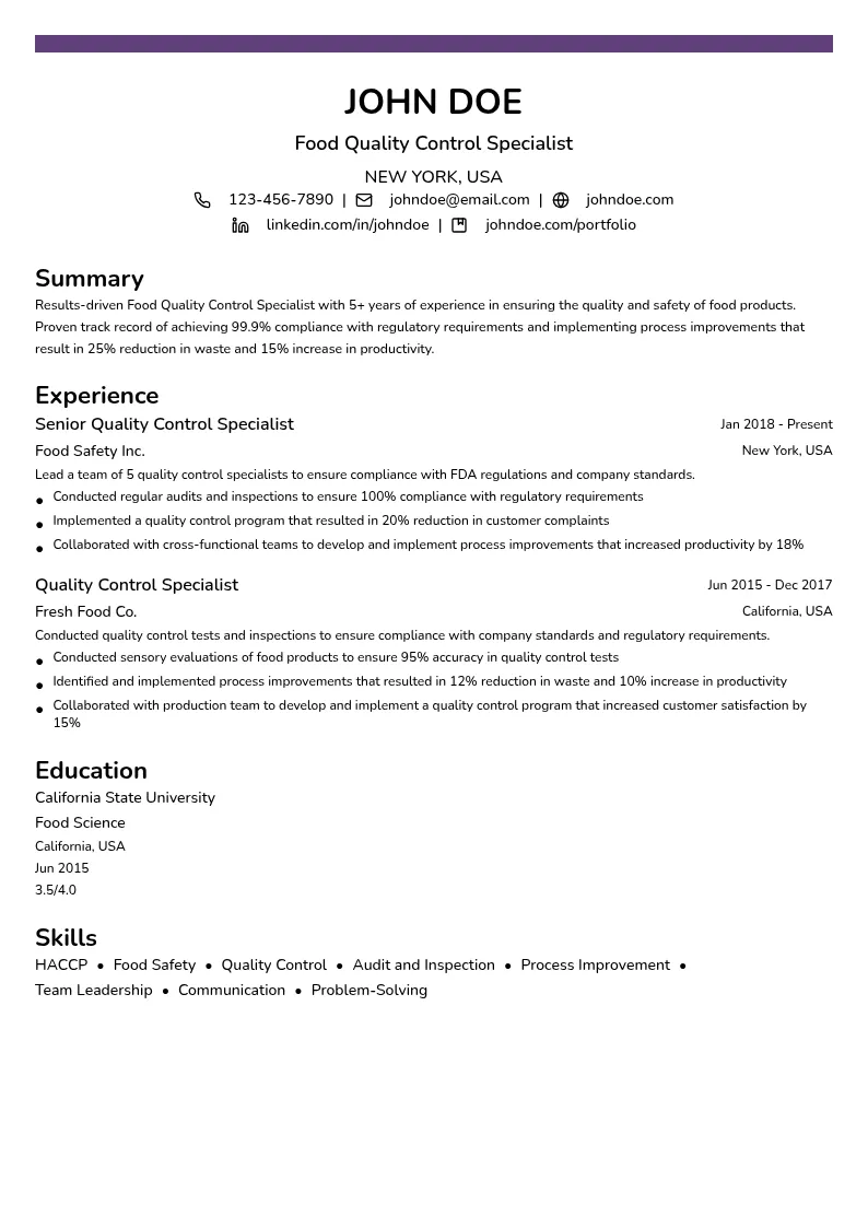 Food Quality Control Specialist resume example
