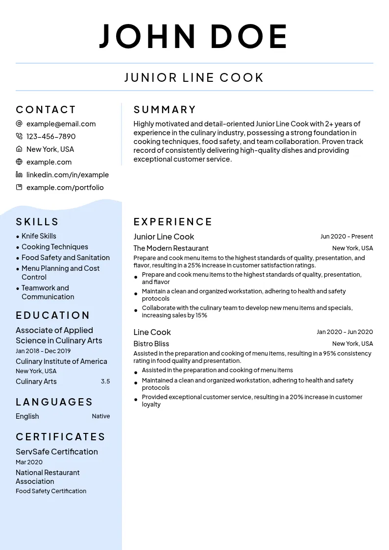 Junior Line Cook resume example