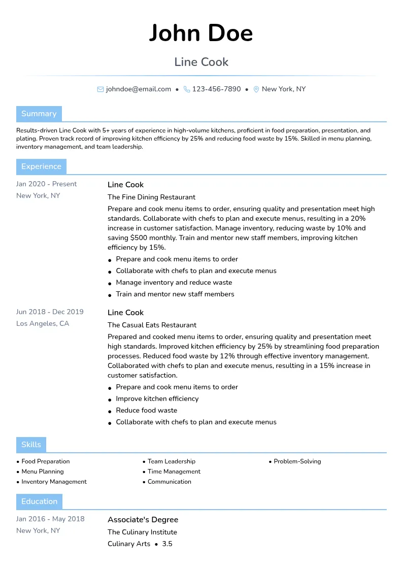 Line Cook resume example