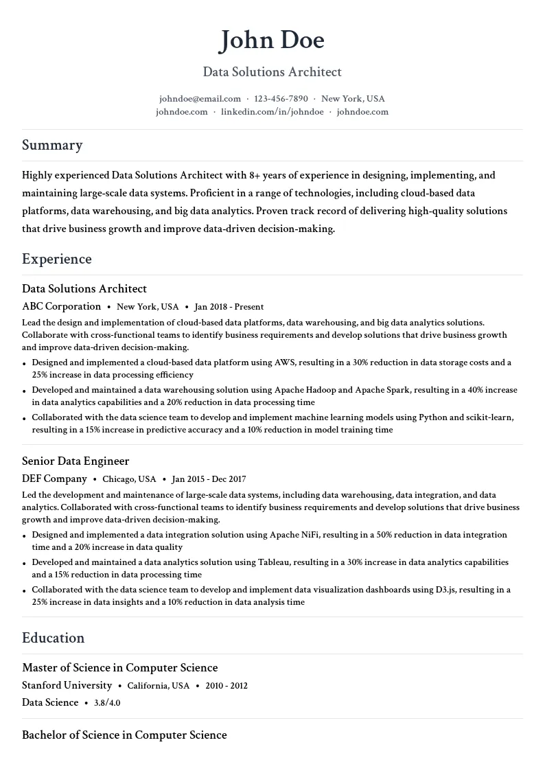 Data Solutions Architect resume example