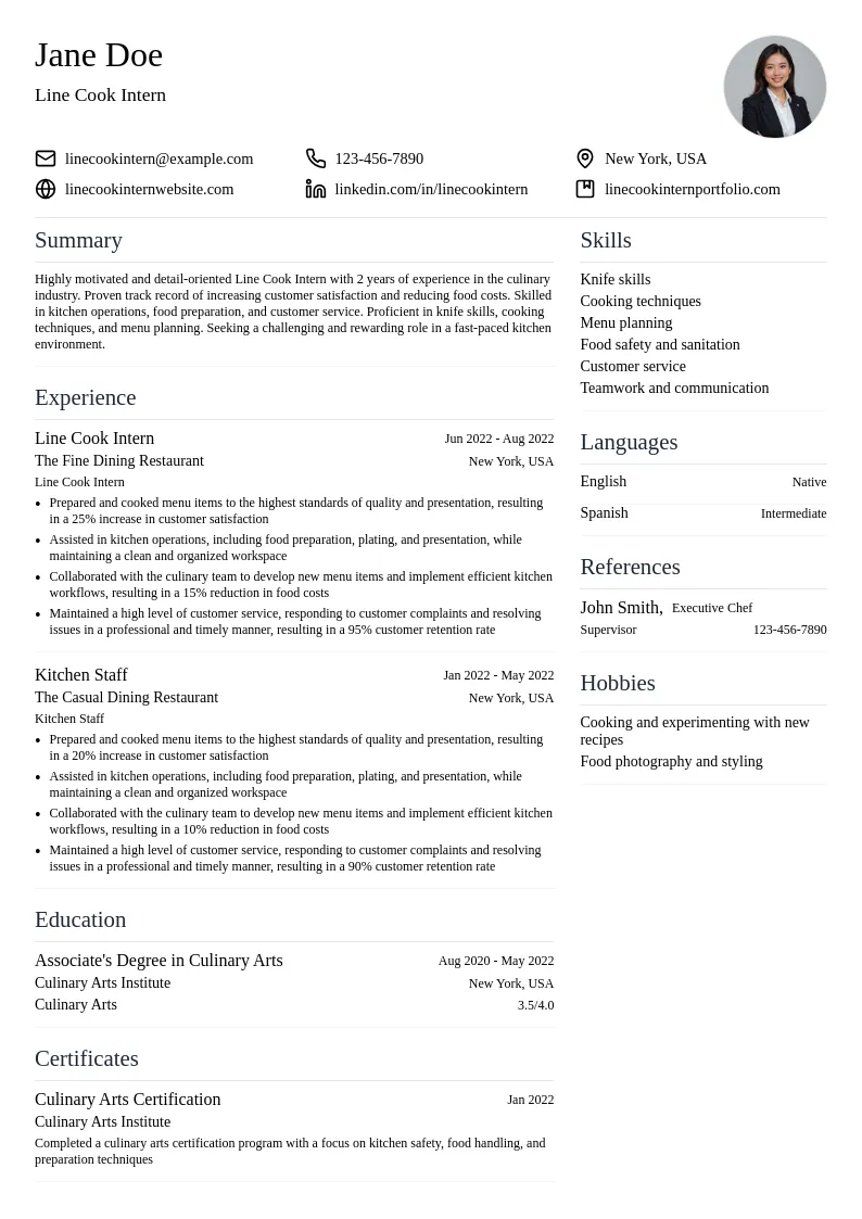 Line Cook Intern resume example