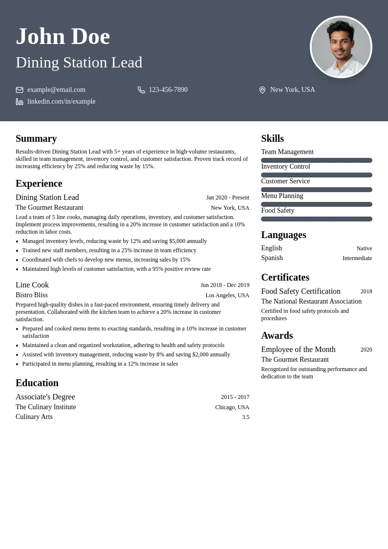 Dining Station Lead resume example