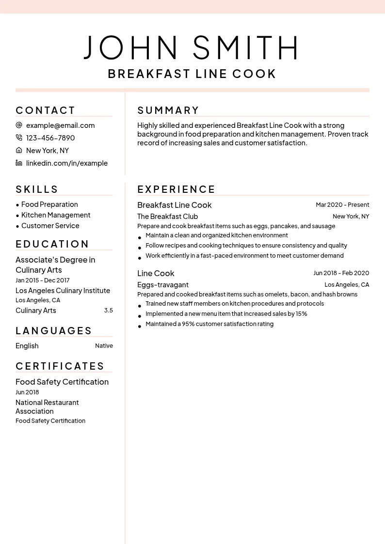 Breakfast Line Cook resume example