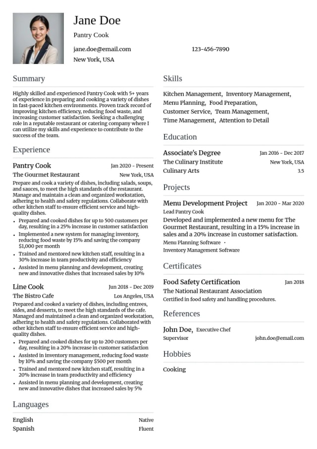 Pantry Cook resume example