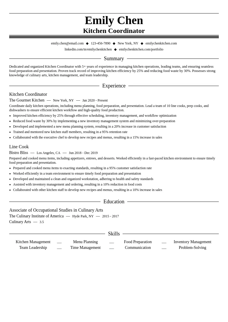 Kitchen Coordinator resume example