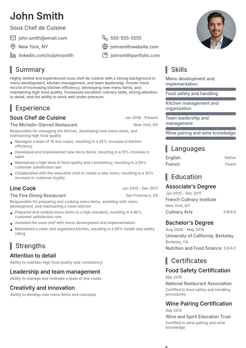 Sous Chef de Cuisine resume example