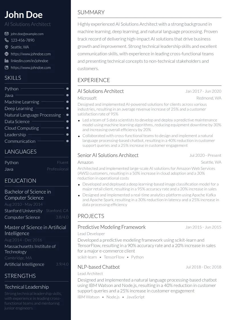 Artificial Intelligence Solutions Architect resume example