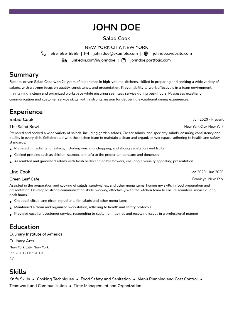 Salad Cook resume example