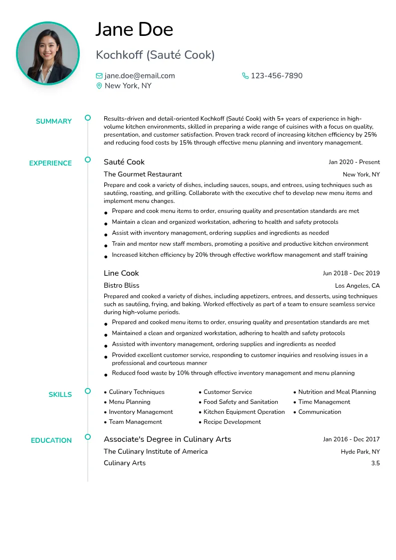 Kochkoff (Sauté Cook) resume example