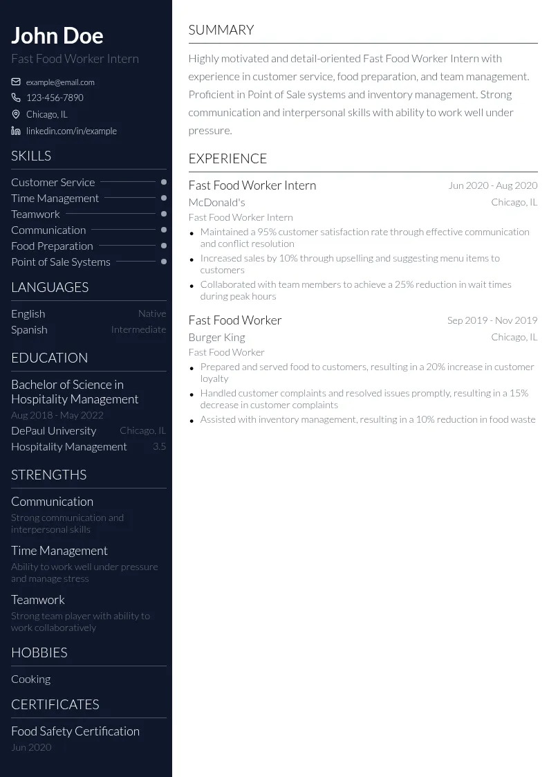 Fast Food Worker Intern resume example