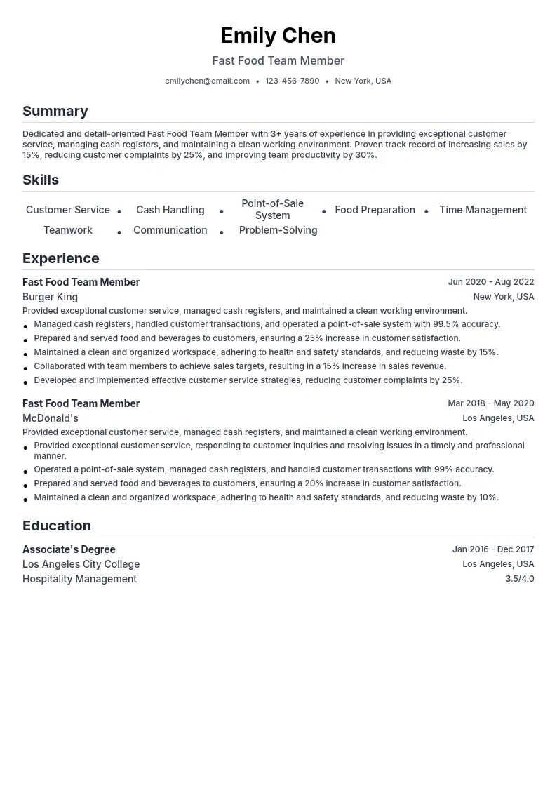 Fast Food Team Member resume example