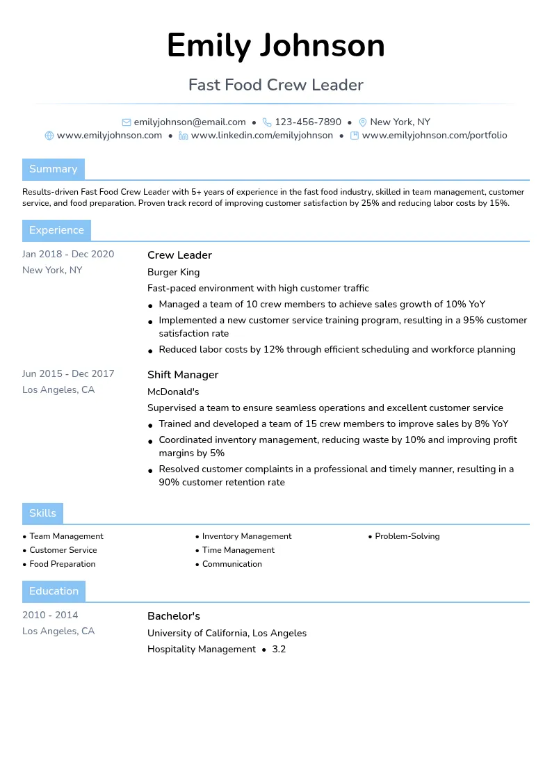 Fast Food Crew Leader resume example