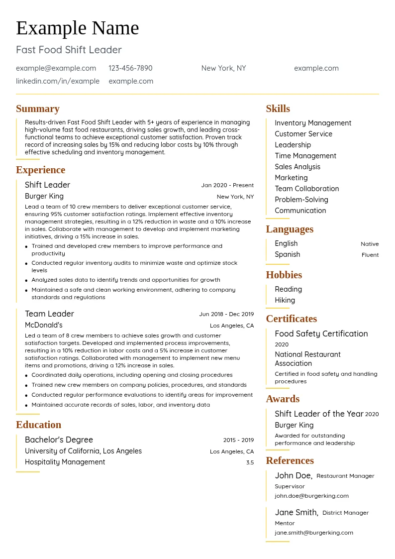 Fast Food Shift Leader resume example