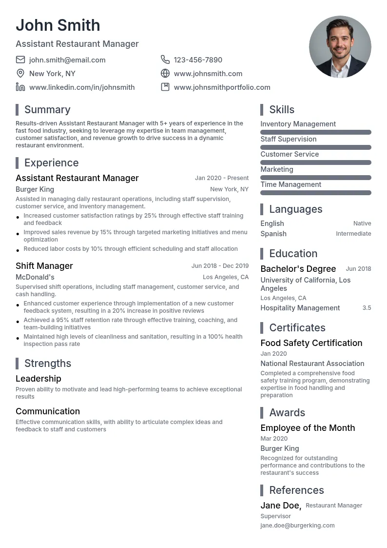 Assistant Restaurant Manager resume example