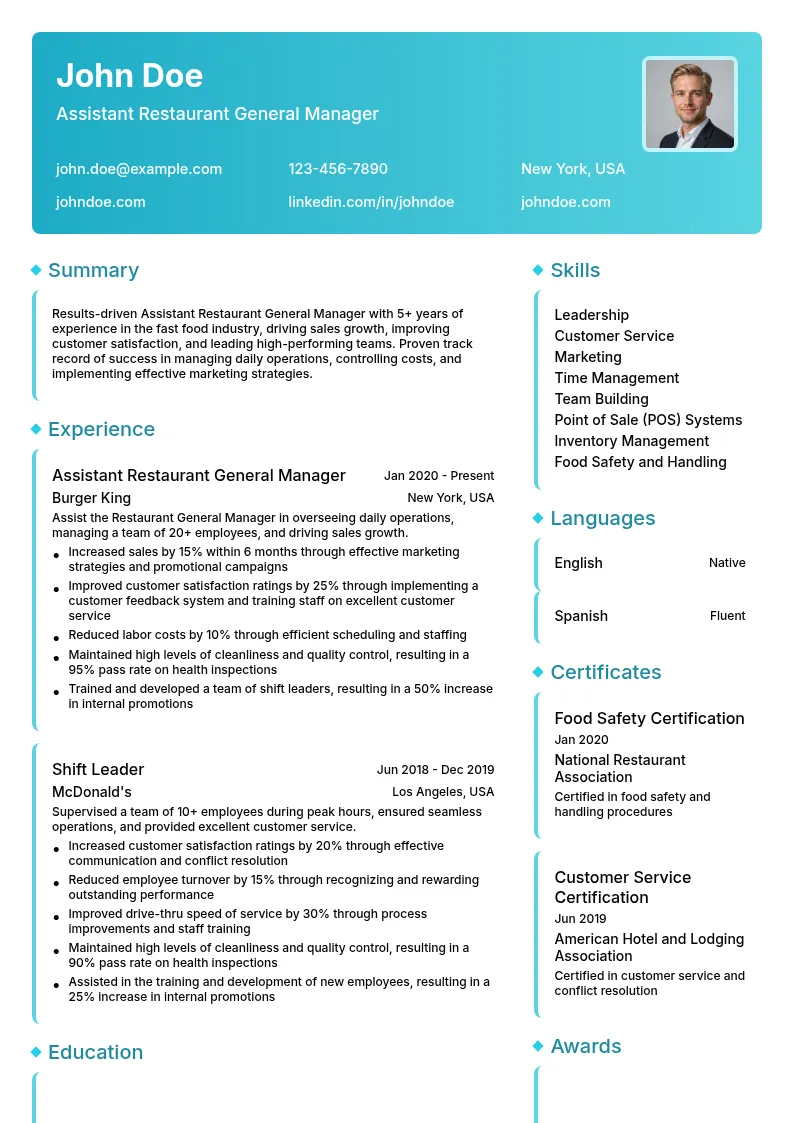 Assistant Restaurant General Manager resume example