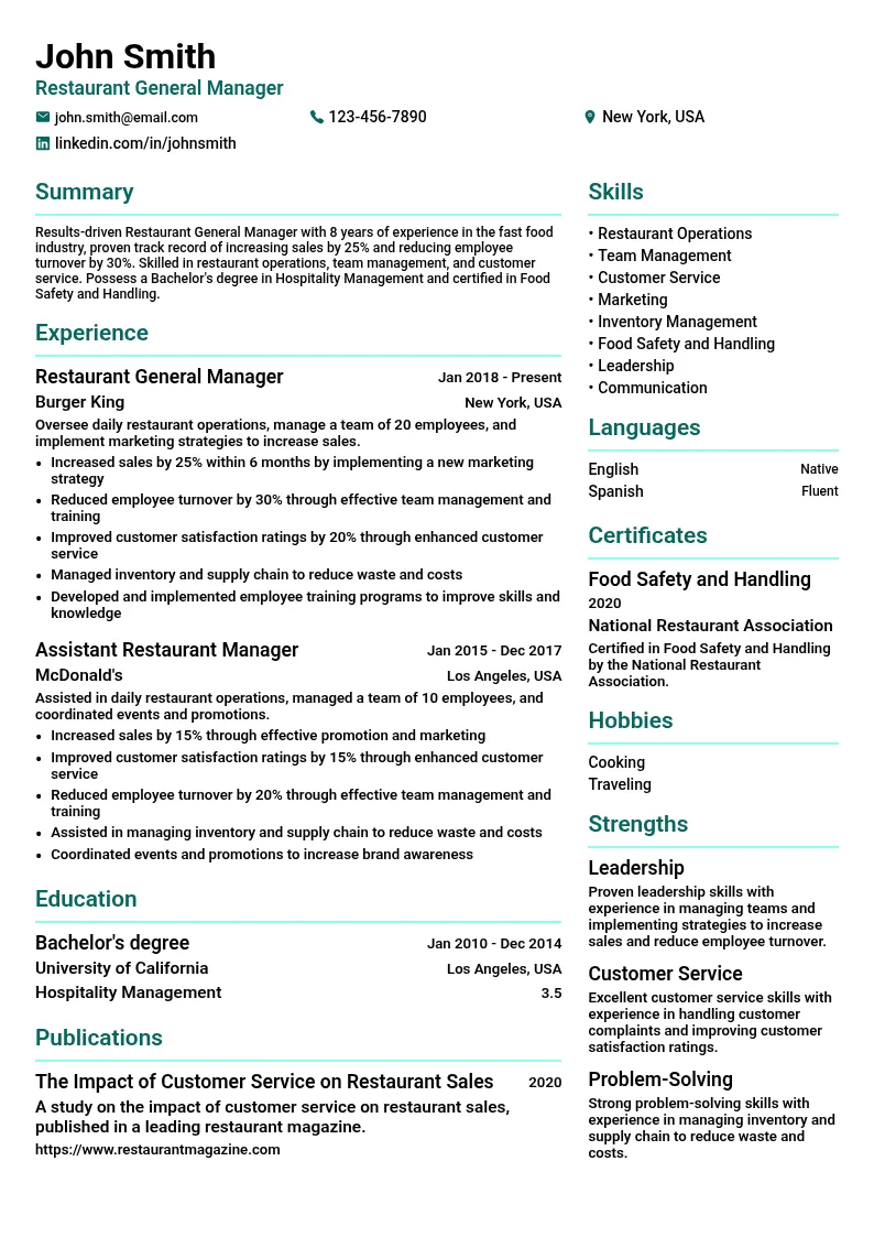 Restaurant General Manager resume example